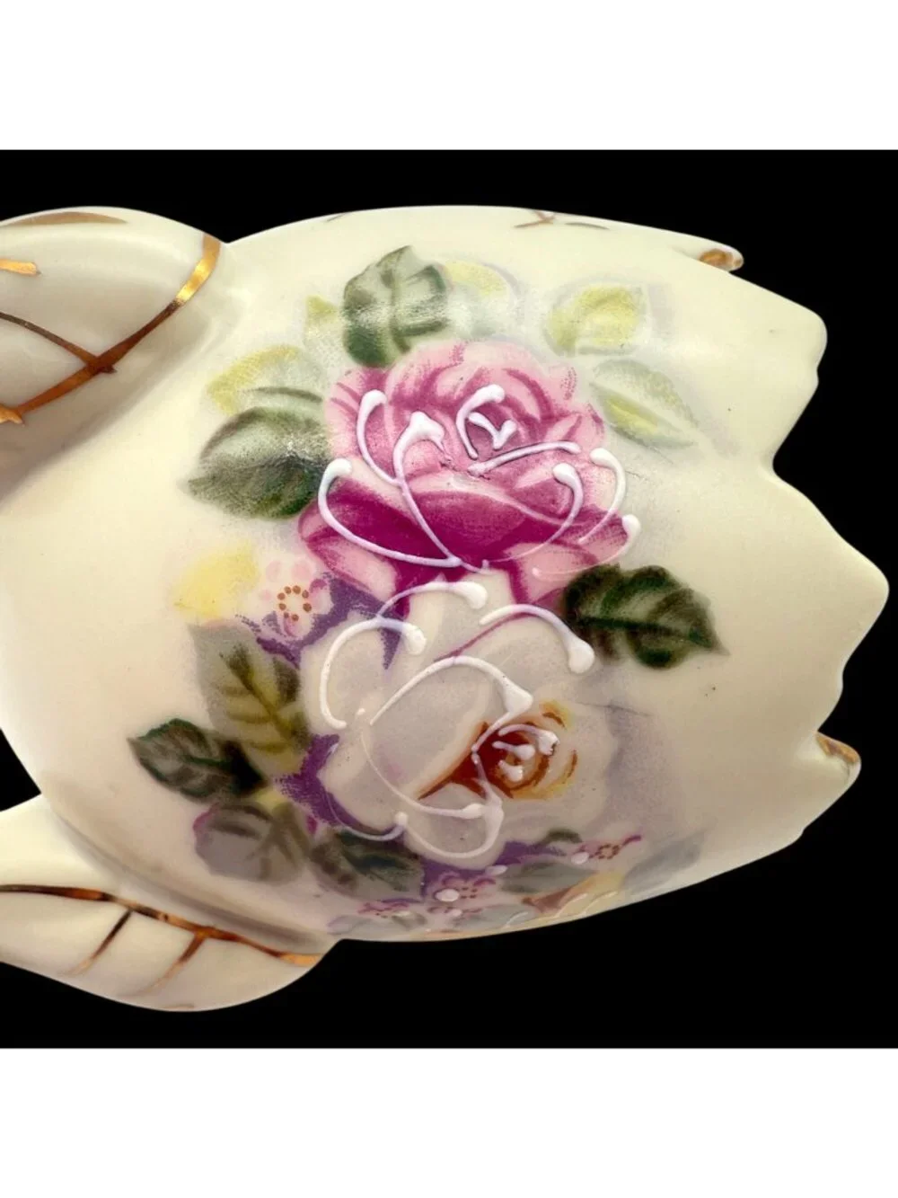 Vtg 1960s Inarco Handpainted Porcelain Broken Egg Vase Roses MCM 4
